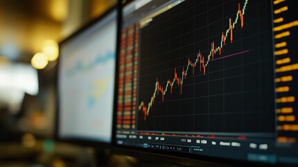 Monitor displaying a complex financial chart with moving averages and candlestick patterns