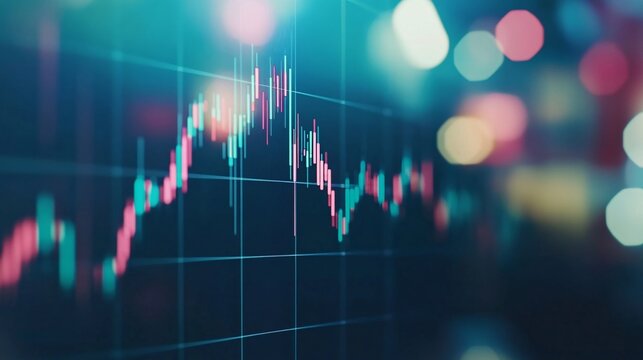 A financial chart with candlestick patterns and moving averages shown on a monitor