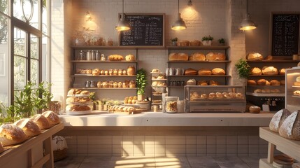 A cozy bakery counter with 3D-rendered hand-crafted organic bread and pastries