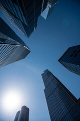 Architecture of modern office building. Perspective city skyscraper. Modern skyscraper building. Office building in downtown. Skyscraper perspective view. City architecture. Minimalist design