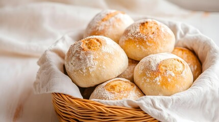 Artisanal Bread Rolls in a Rustic Basket with Soft Fabric Napkin