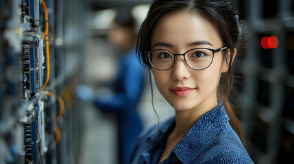 Young woman in glasses looks directly at the camera in a server room.