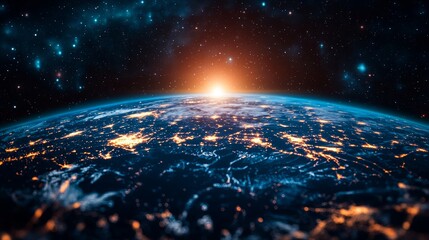 Obraz premium Earth from Space at Night with City Lights and Sunrise