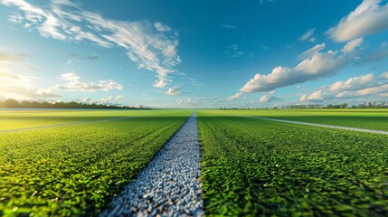 Track race scene featuring lush green grass and vibrant sky at an empty stadium arena