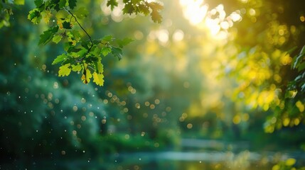 Blurred natural background with gentle light streaming through trees in a park, conveying peace and serenity.