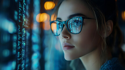 Young woman looking at computer screen with code reflected in her glasses.