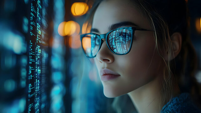 Young woman looking at computer screen with code reflected in her glasses.