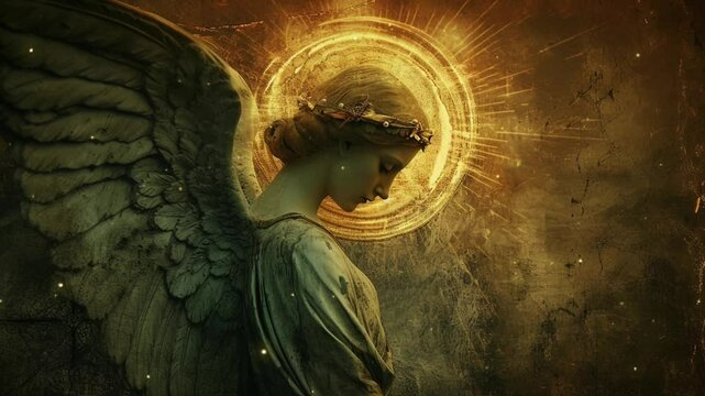 Close-up Aged Design Art of an Angel in Profile With a Glowing Halo and Flowing Light Particle Effect