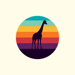 Fototapeta premium Giraffe silhouette against a striped retro sunset. Original vector illustration in vintage style isolated on light background. T-shirt design.