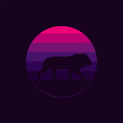 Silhouette of a lion against a striped retro sunset. Original vector illustration in vintage style isolated on black background. T-shirt design.
