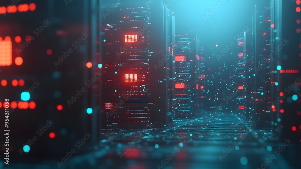 Poster Cutting Edge Futuristic Data Center with Glowing Servers and Network Cables
