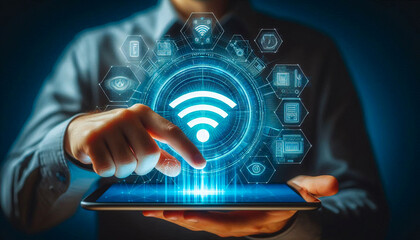 A man touching the digital wifi icon on virtual screen an popup on screen,