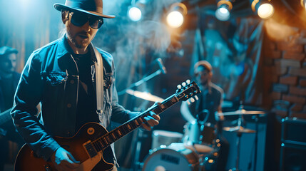 Naklejka premium A stylish guitarist wearing sunglasses and a hat performs on stage in a live concert, with a drummer in the background and moody, atmospheric lighting enhancing the scene.