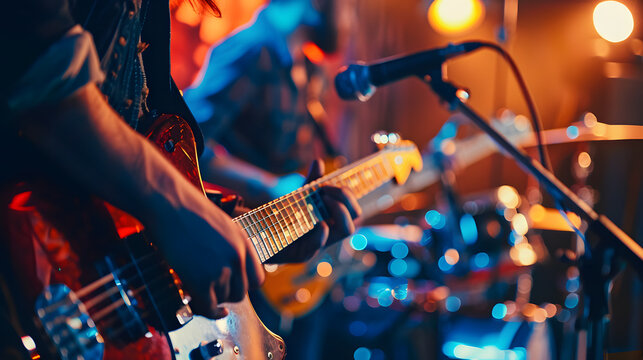 A close-up shot of a guitarist playing an electric guitar during a live performance, with vibrant lighting and blurred background showcasing the intensity of the concert.