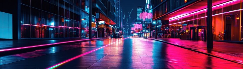 Vibrant urban street at night, illuminated by colorful neon lights and reflections on wet pavement, creating a dynamic city atmosphere.