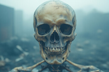 A Halloween-themed foggy and scary background with a skull and skeleton, perfect for holiday and event decoration and themed designs.