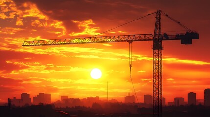 Naklejka premium Construction Crane Silhouette Against a Dramatic Sunset