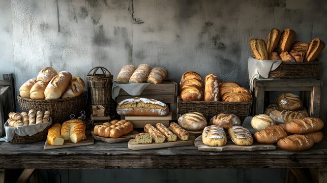 A vintage bakery display with 3D-rendered organic bread and pastries arranged on a rustic table