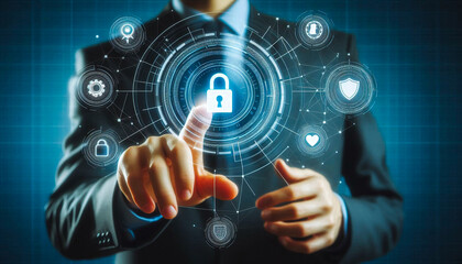 A man touching the digital security icon on virtual screen an popup on screen,