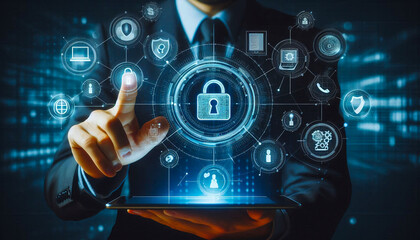 A man touching the digital security icon on virtual screen an popup on screen,