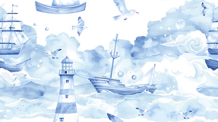 A serene seamless nautical pattern featuring lighthouses, sailing ships, seagulls, and soft clouds in calming blue tones, perfect for marine-themed designs, textiles, and decor