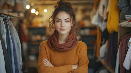 Young woman with brown hair and brown eyes wearing a knitted orange sweater and a brown scarf, with arms crossed, standing in a clothing store.