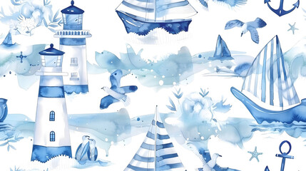 A peaceful seamless nautical pattern featuring lighthouses, sailboats, seagulls, and anchors in soothing blue tones, ideal for marine-themed designs, textiles, and decor.