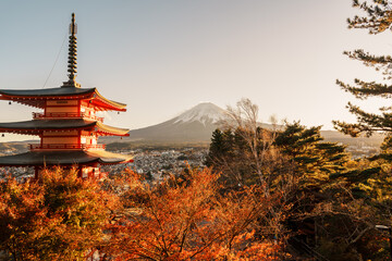 Mount Fuji view at Chureito Pagoda in Autumn season, Mt Fujisan in Arakurayama Sengen Park, Yamanashi, Japan. Landmark for tourists attraction. Japan Travel, Destination, Vacation and Mount Fuji Day
