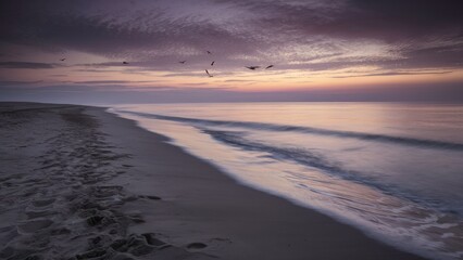 Obraz premium Quiet Beach at Twilight: A deserted beach with soft waves gently washing ashore, under a twilight sky painted in shades of purple and orange.
