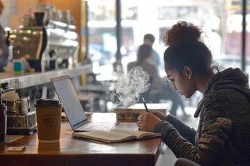 Fototapeta premium A student is writing in a notebook at a coffee shop, with a steaming coffee cup beside them and their laptop open