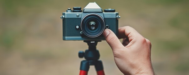 Fototapeta premium A person is holding a camera with a lens and a tripod