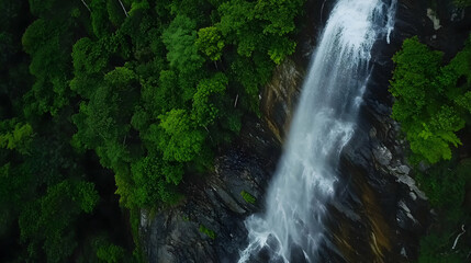 Obraz premium The drone captures a powerful waterfall cascading down a rocky cliff, surrounded by dense, vibrant green forest