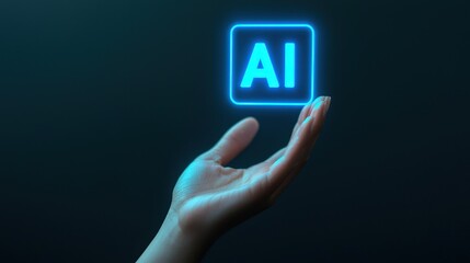 A hand holding a blue square with the letters AI on it