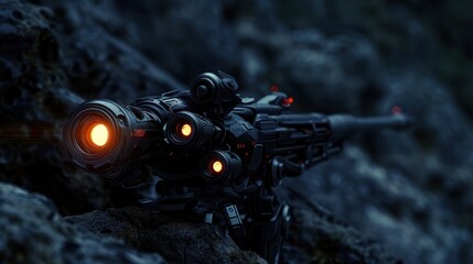 Fototapeta premium Big gun robot shines on dark rough stone background. ai generated image