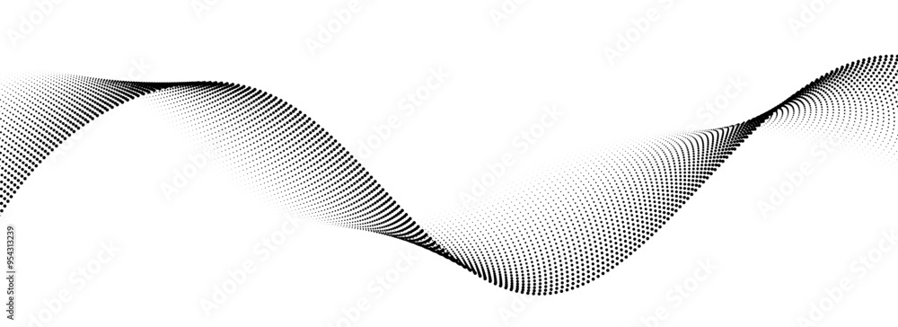 Poster Dotted wave line background. Black halftone undulate pattern. Abstract flowing particle wave wallpaper. Curved dashed gradient net design element for poser, banner, presentation, booklet. Vector