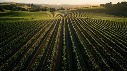 The drone hovers above a vineyard, capturing the perfectly aligned rows of grapevines stretching...