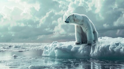 Obraz premium Polar bear on melting ice floe highlights global warming crisis and urges action against pollution