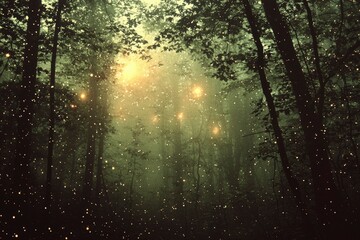 Enchanting Glow of Fireflies in a Misty Forest