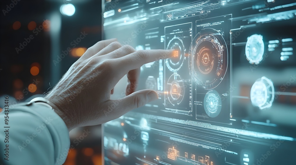 Aufkleber human hand interacting with digital interface on transparent screen