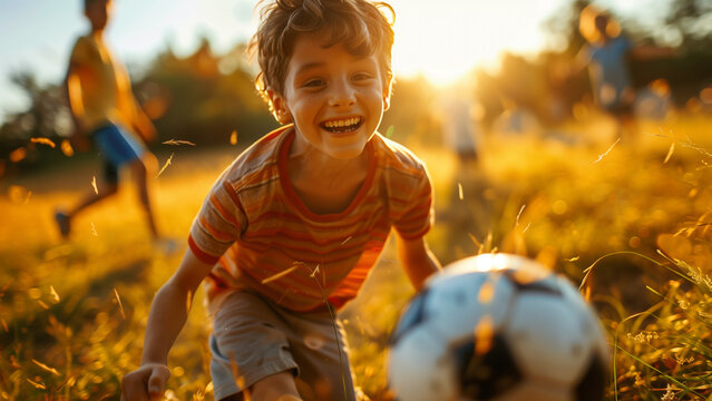 Focusing attention on joyful energy of young boy playing soccer in sunlit field - Powered by Adobe