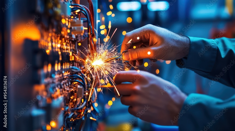 Poster a man is working on a circuit board with sparks flying
