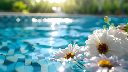 A cluster of white daisies floats gently on the surface of a mosaic-tiled pool, with the warm glow of the sunset reflecting on the water, creating a serene and picturesque scene.