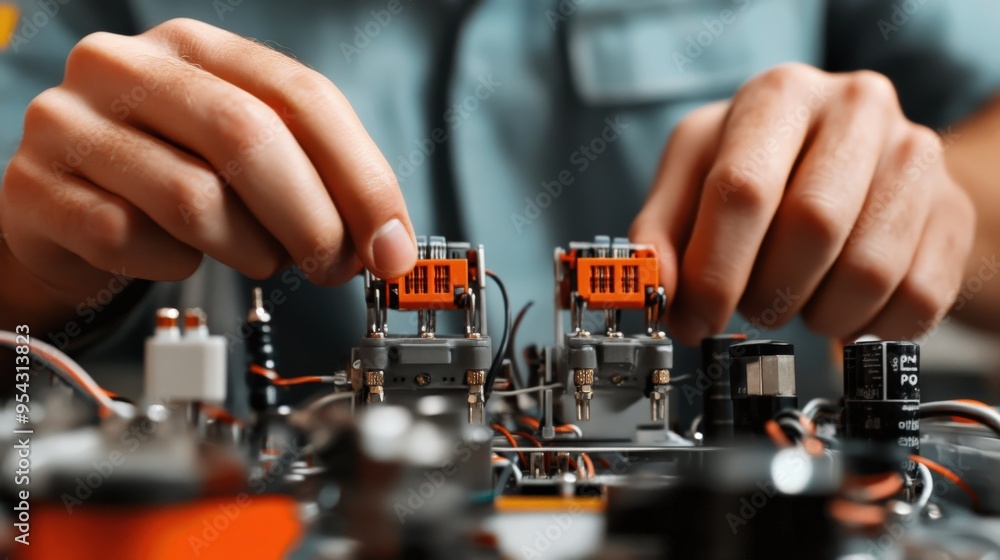 Poster a man is working on a circuit board with two switches