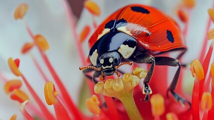 Naklejka premium Macro photography of ladybugs amidst vibrant botanical flowers in nature s splendor