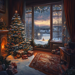 festively decorated Christmas tree in front of a snowy window Generative AI
