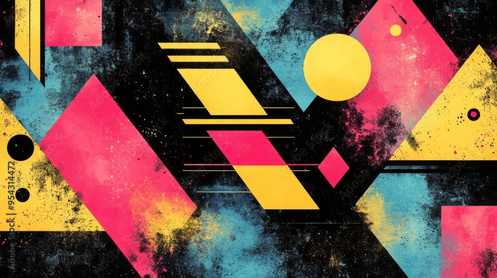 Poster abstract geometric shapes with splashes of color on a black background