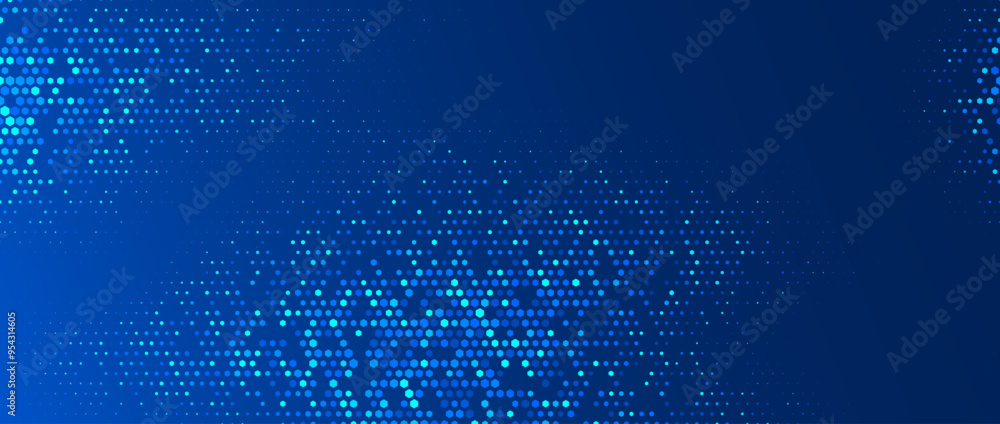 Poster Blue glowing hexagon background. Abstract hexagonal grid gradient texture. Navy honeycomb pattern backdrop. Modern business, science, healthcare, medicine, technology, presentation wallpaper. Vector