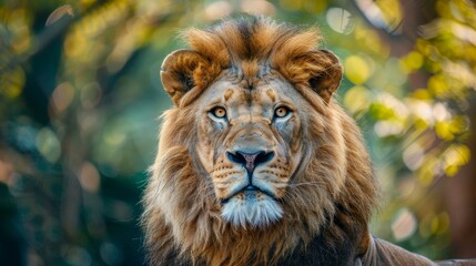 Fototapeta premium Majestic african lion gazing at the camera, regal hunter of the savanna in a wildlife setting