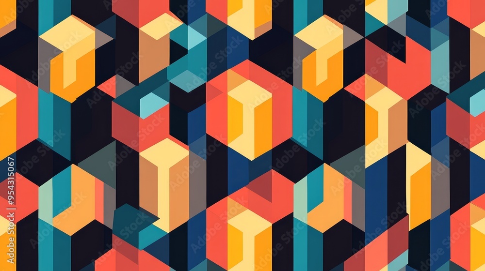 Poster abstract geometric pattern with colorful cubes and hexagons