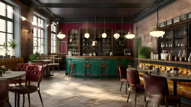 Vintage themed cafe restaurant with a classic combination of green and red. Seamless 4K looping timelapse video animation background